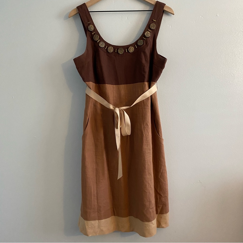 Signature By Robbie Bee Linen Blend Dress Size 10 Brown Tones Boho 70’s Prairie